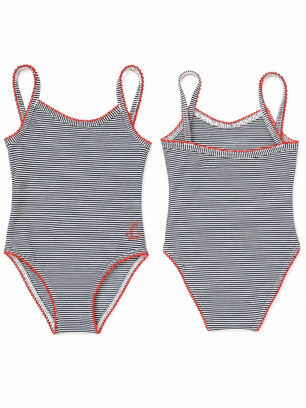 Petit Bateau Navy and White Striped One-Piece Swimsuit with Red Trim